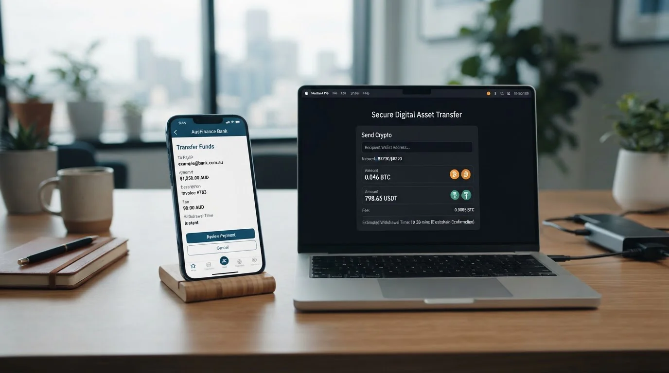 PayID and cryptocurrency payment options displayed on Australian banking interface with withdrawal time indicators