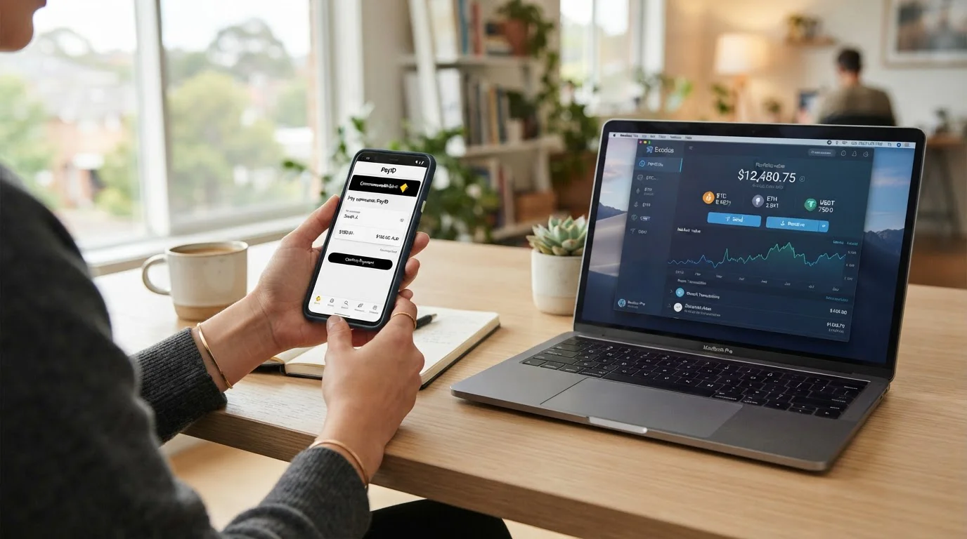 Australian player using smartphone with PayID banking app and cryptocurrency wallet for casino withdrawals