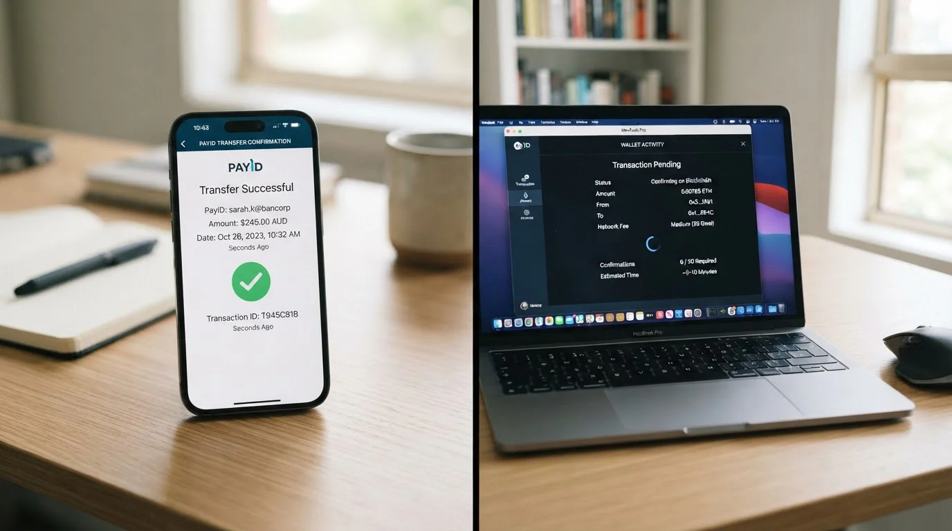 Split screen showing instant PayID deposit vs delayed crypto withdrawal process