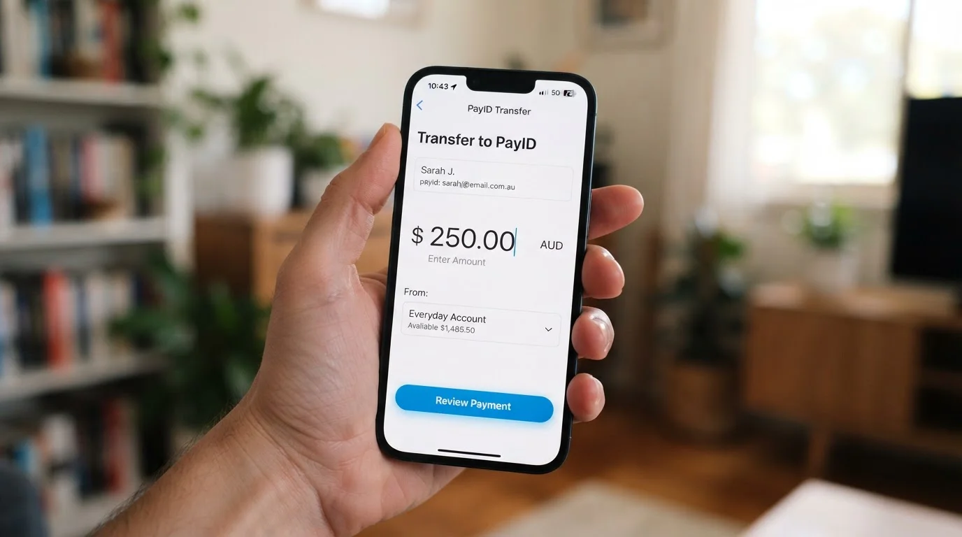 Hand holding smartphone with banking app open showing PayID transfer screen