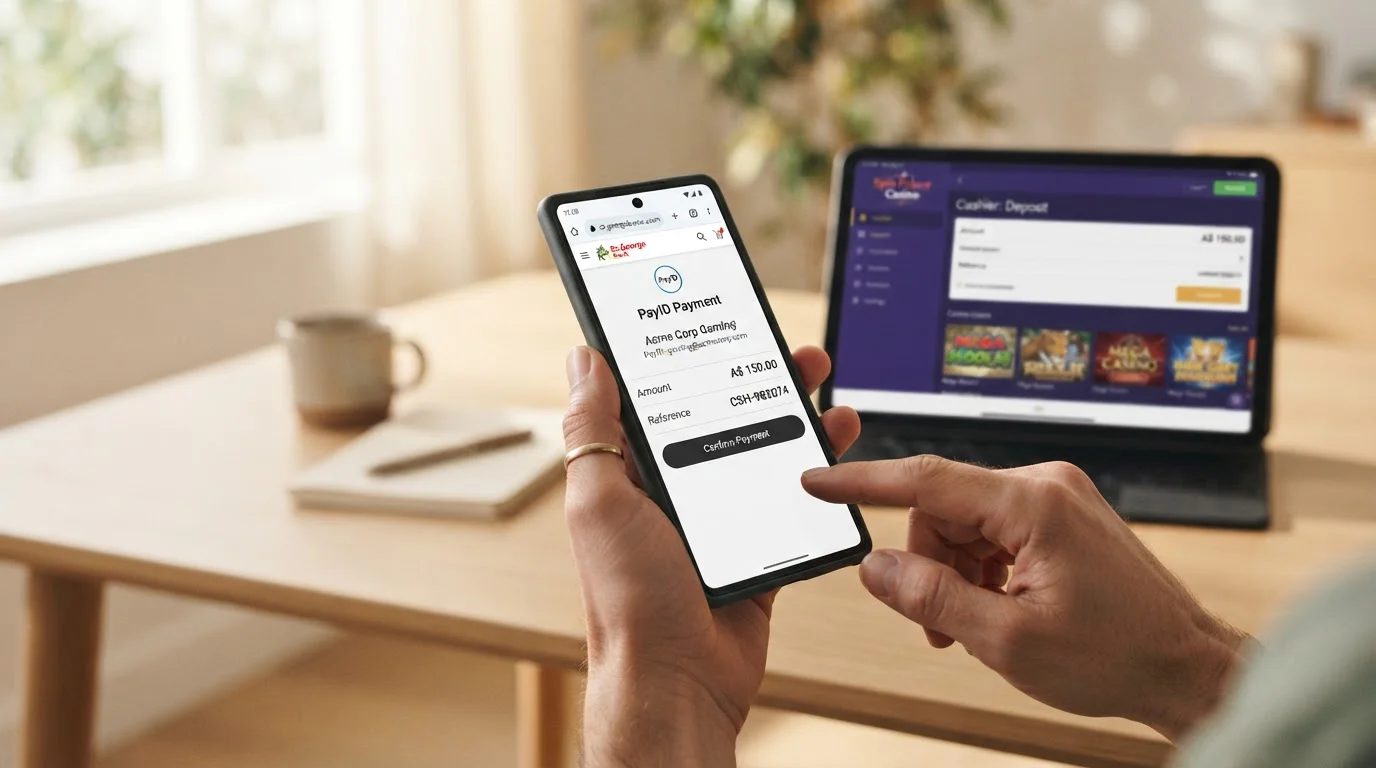 Close-up of hands holding smartphone showing PayID payment screen and casino cashier