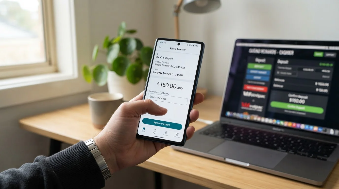 Mobile phone showing PayID transfer screen with banking app interface