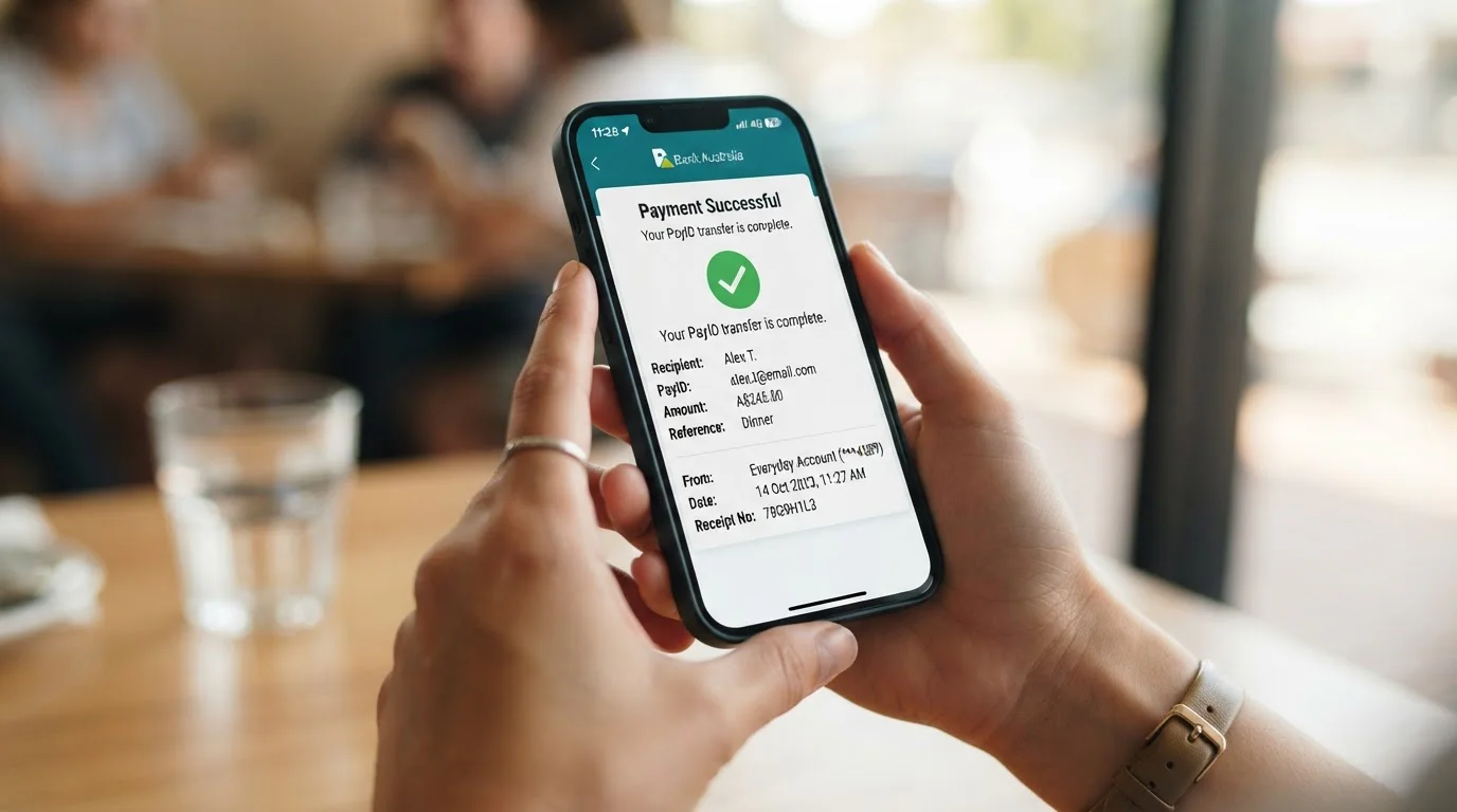 PayID instant transfer confirmation screen on smartphone banking app