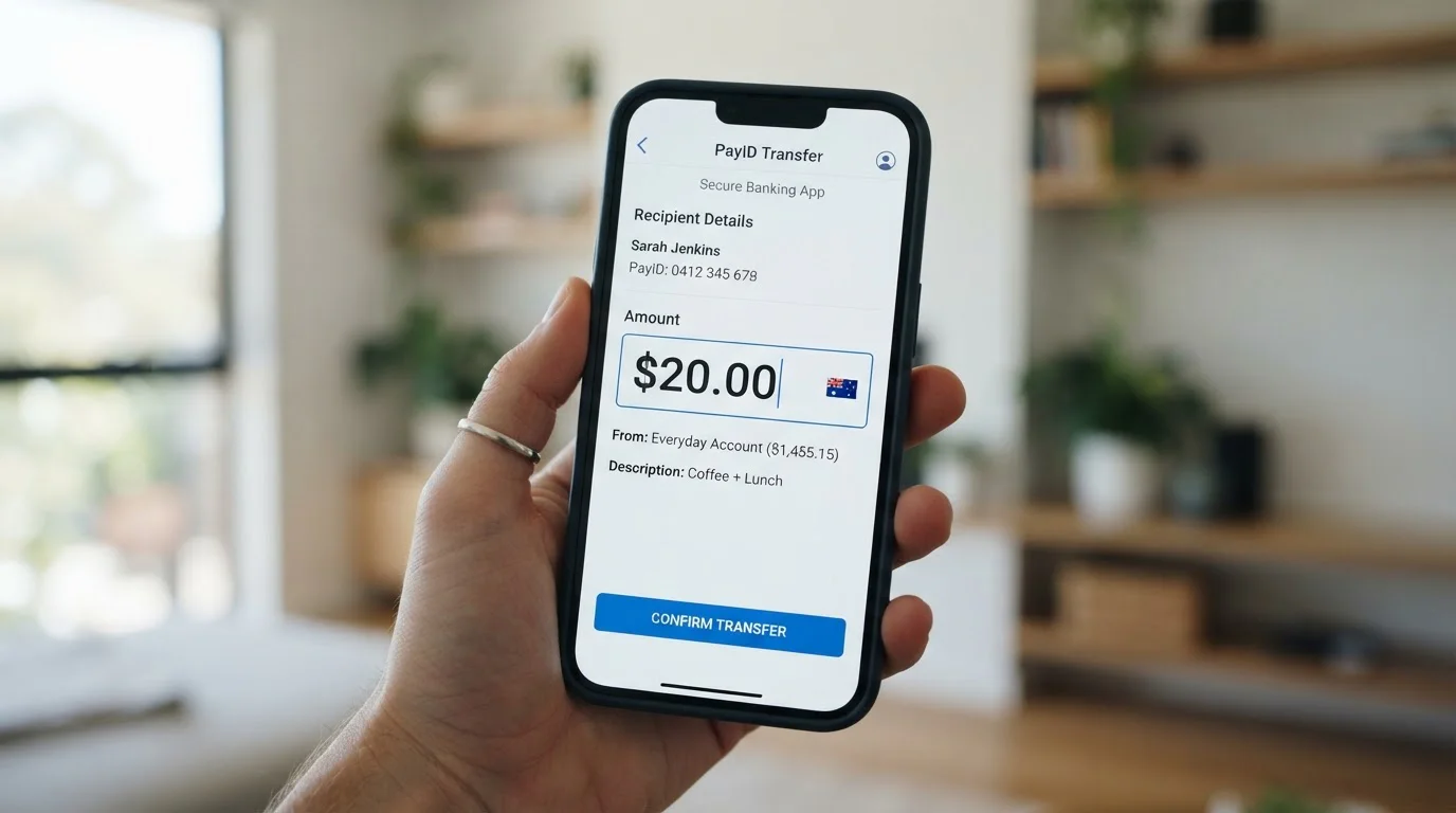 Smartphone displaying Australian banking app with PayID transfer interface showing $20 amount