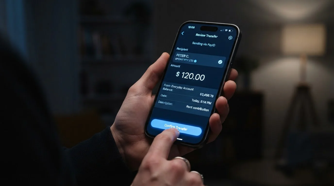 Smartphone showing PayID transfer screen with finger hovering over confirm button