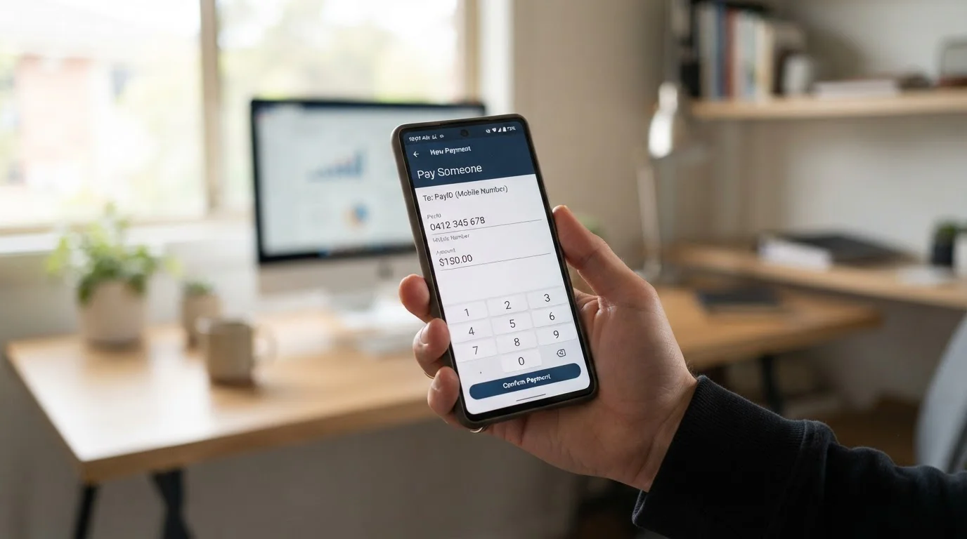 Smartphone displaying PayID transfer screen with Australian bank app interface