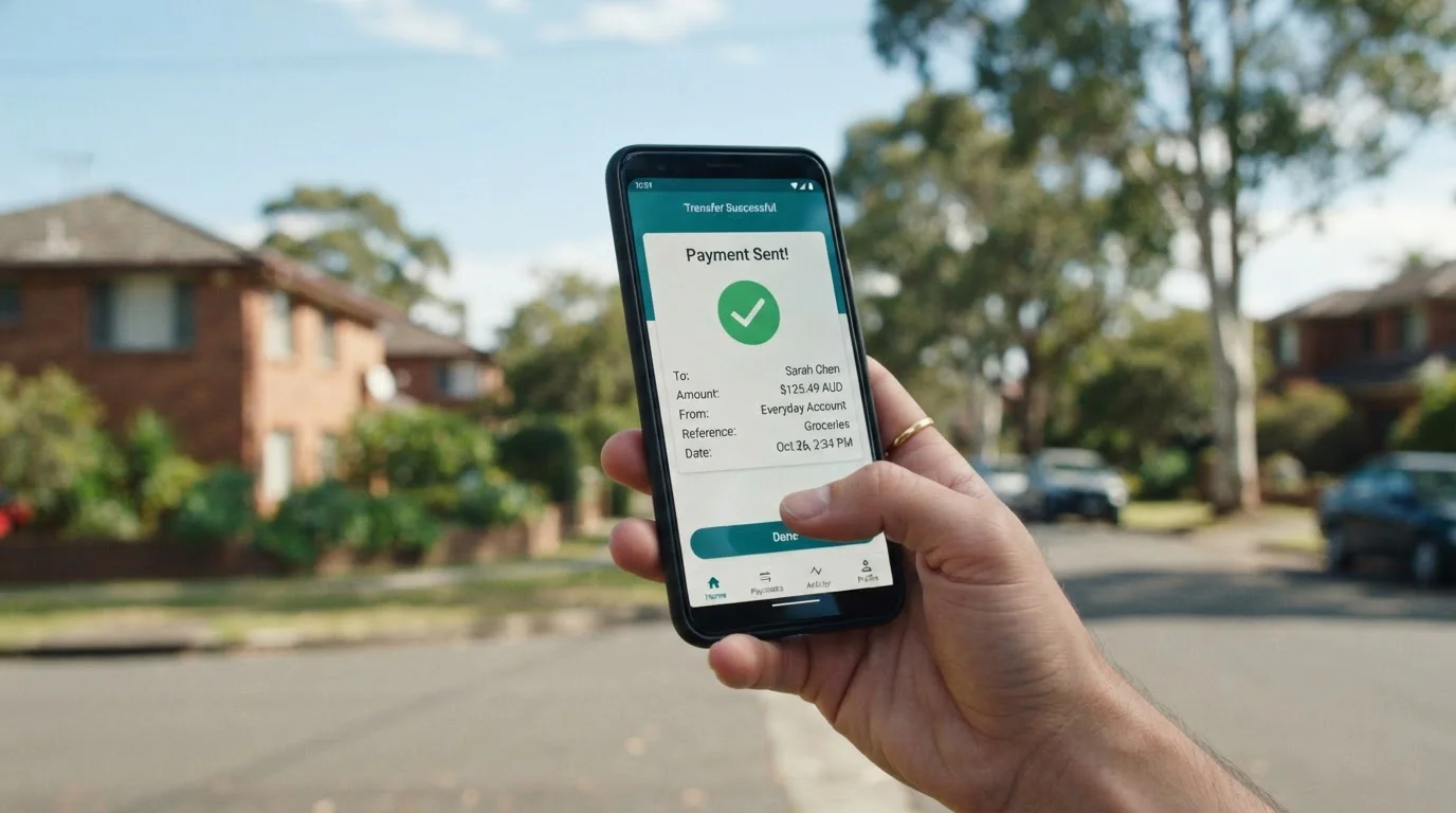 Smartphone in hand showing generic banking app with instant transfer confirmation