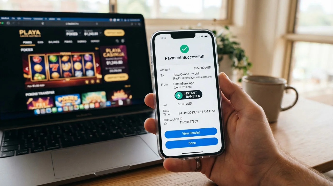 Close-up photograph of an Australian smartphone screen displaying the PayID interface with a successful instant transfer notification to an online casino account showing AUD currency and zero fees badge