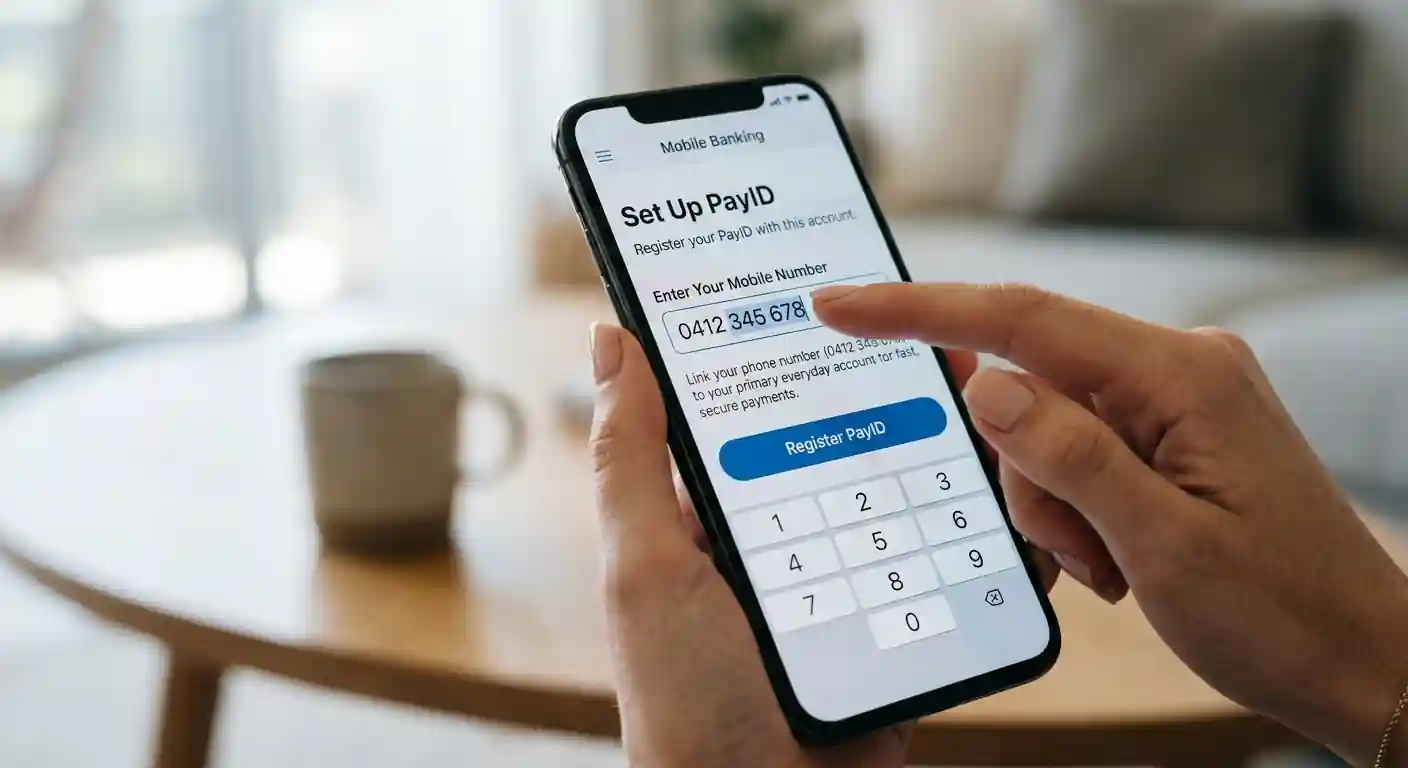 Smartphone showing mobile banking app with PayID registration interface