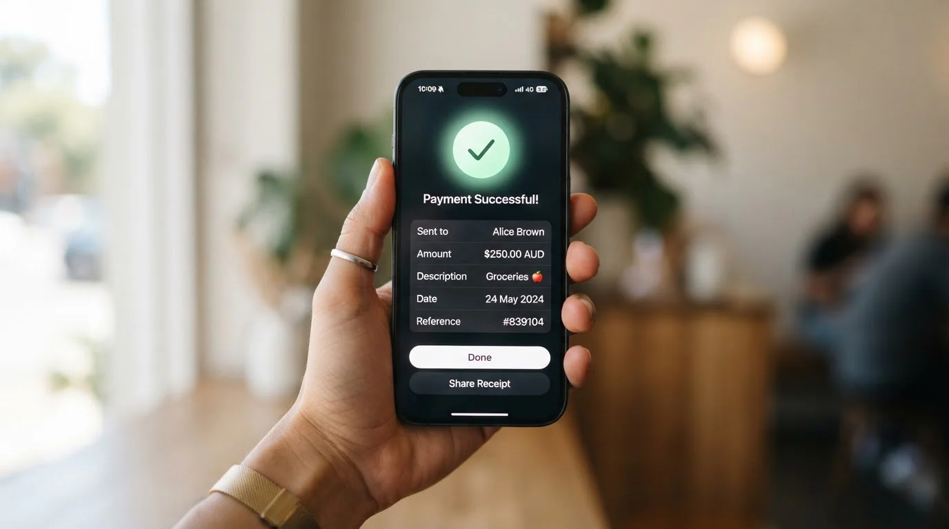 Close-up of smartphone displaying NPP Osko transfer confirmation screen