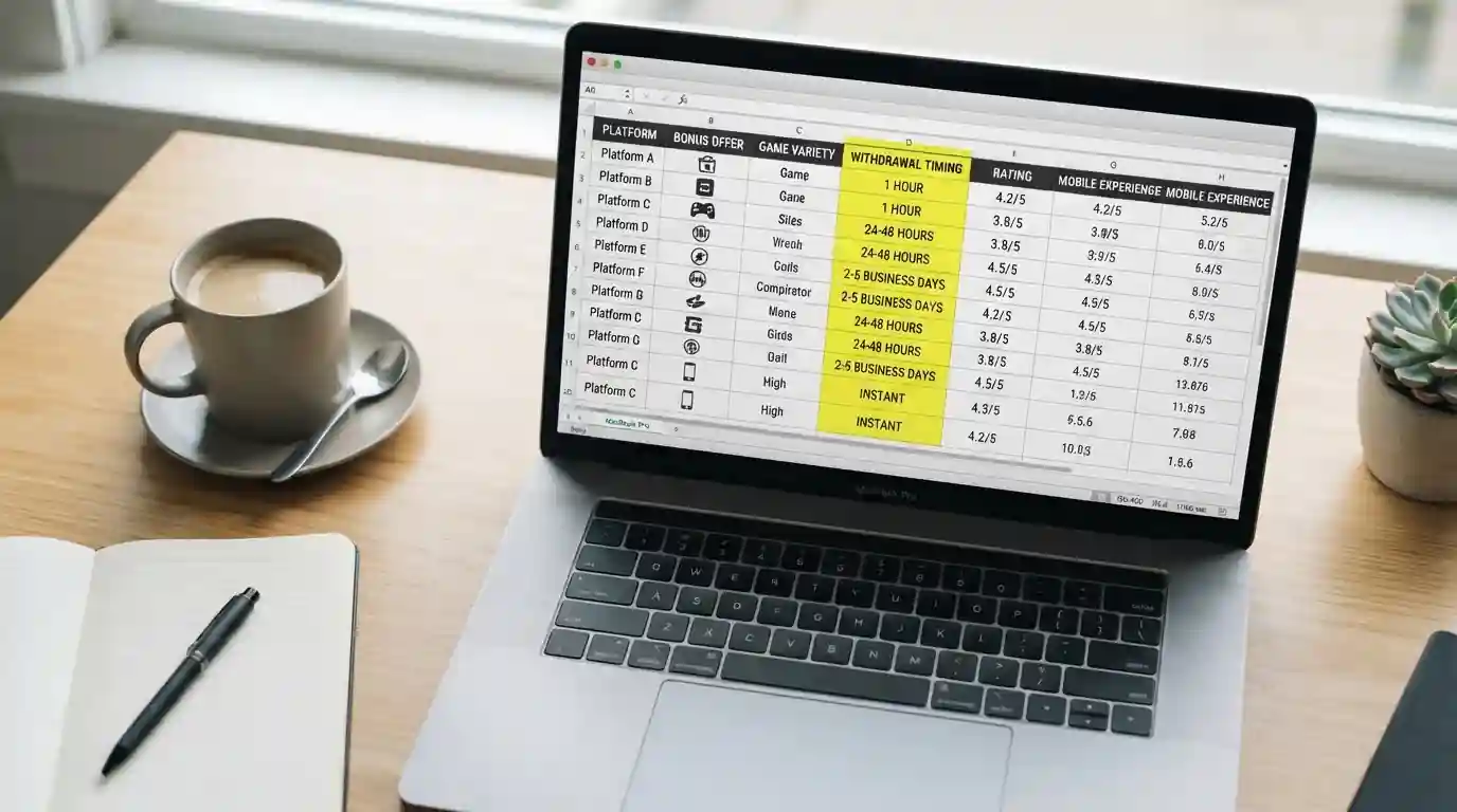 Comparison table of PayID pokies sites on laptop screen with withdrawal timing highlighted