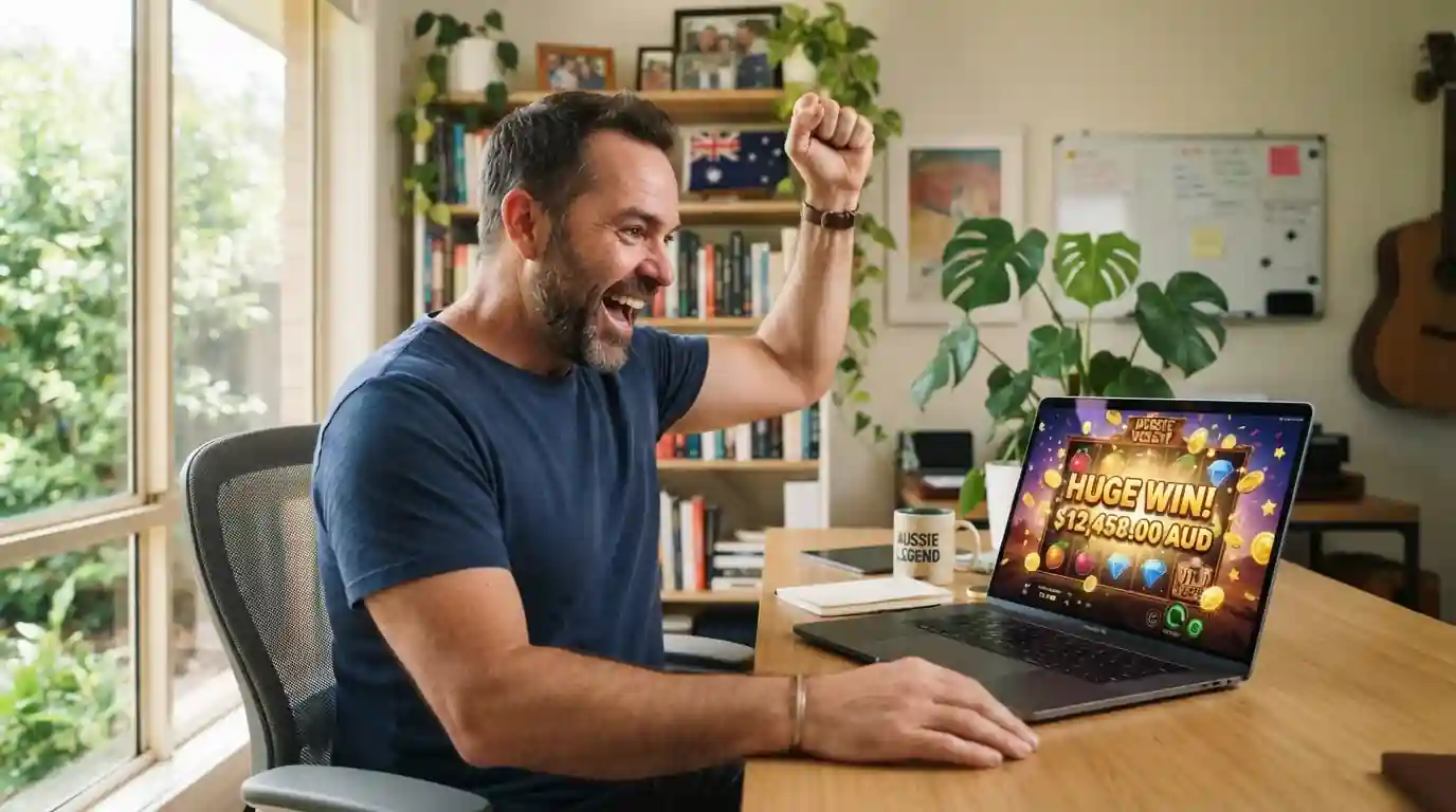 Australian pokies player celebrating a win on laptop screen