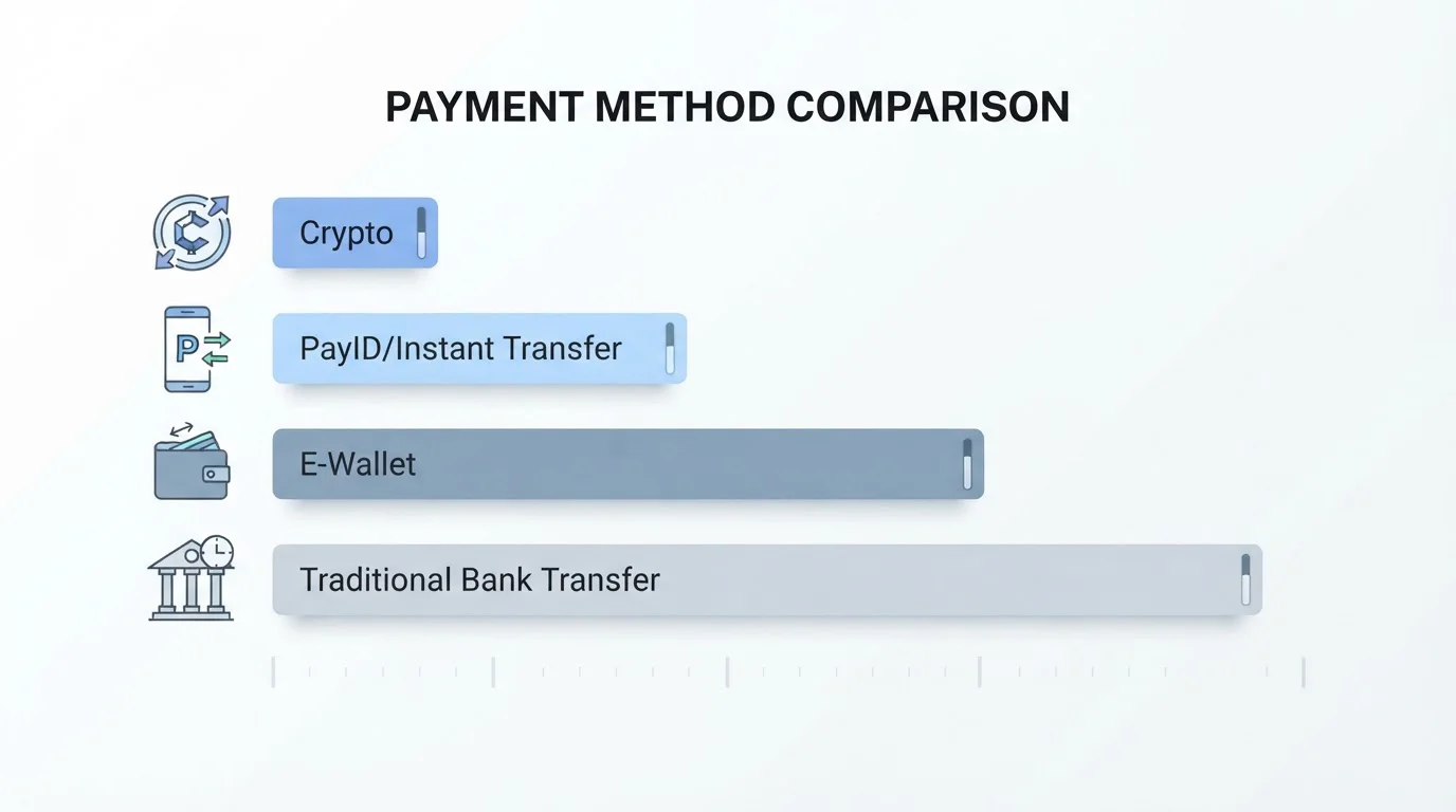Comparison chart showing withdrawal speeds across different payment methods on clean white background