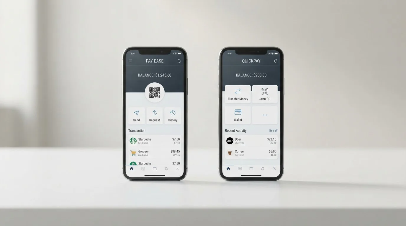Two smartphones on clean white surface showing generic payment app interfaces in side-by-side comparison