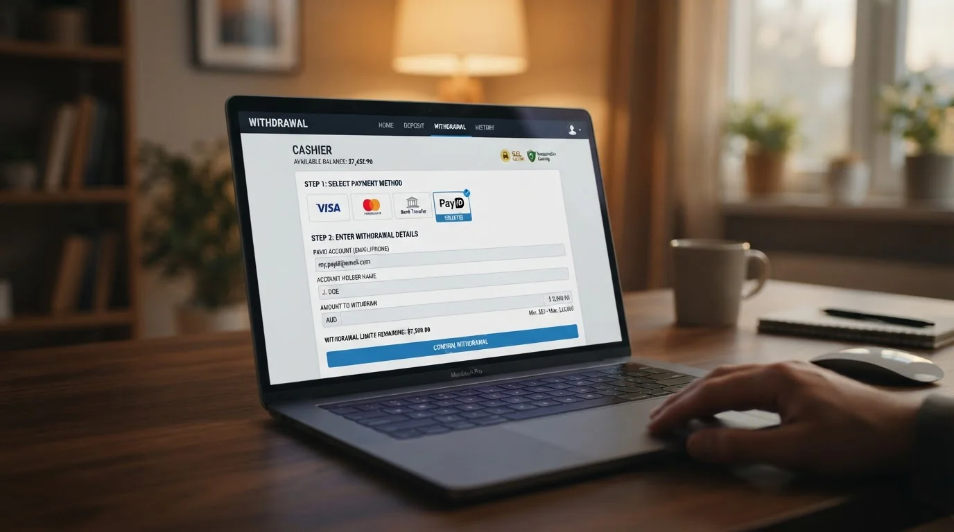 Laptop screen displaying PayID withdrawal confirmation on casino cashier page