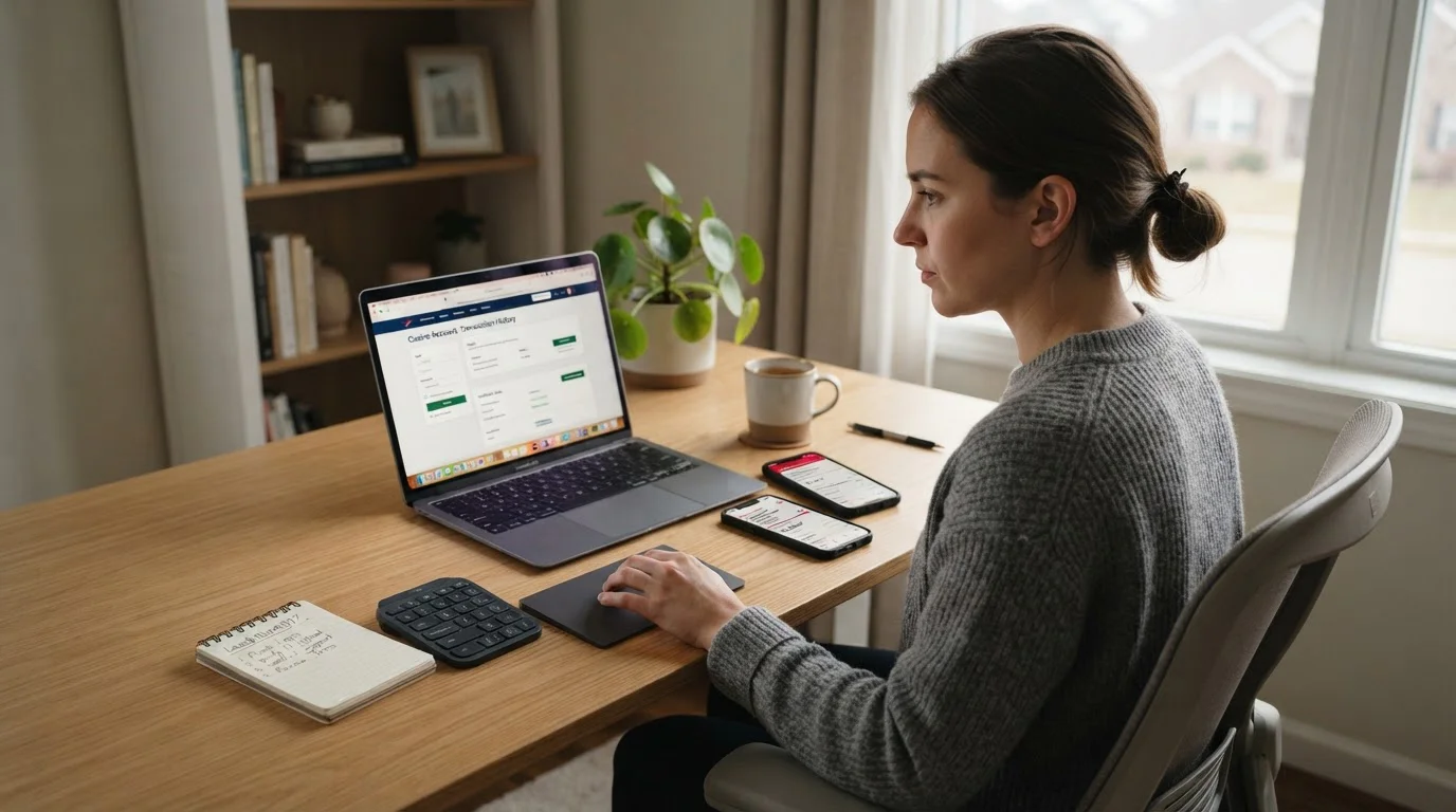 Person reviewing withdrawal status on laptop with notepad showing troubleshooting steps