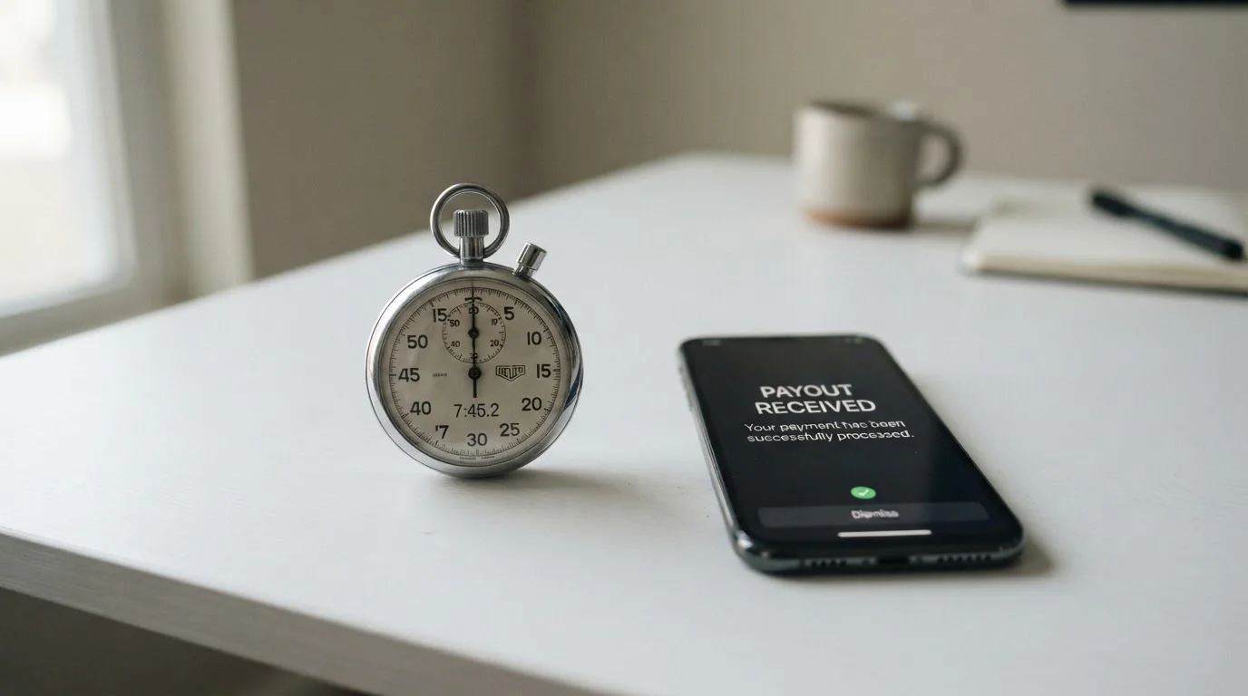 Stopwatch showing fast withdrawal time next to smartphone with casino payout notification