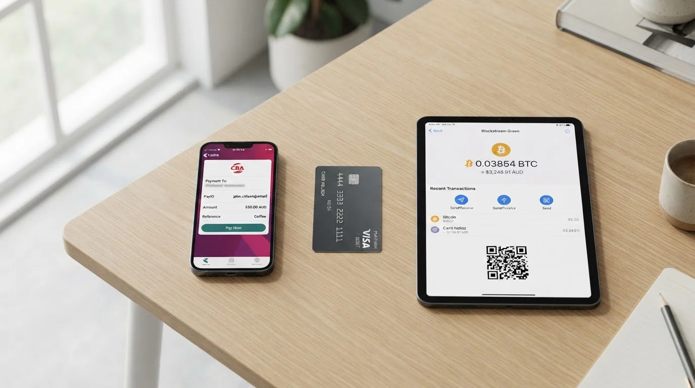 Smartphone showing PayID transfer interface alongside debit card and Bitcoin wallet app