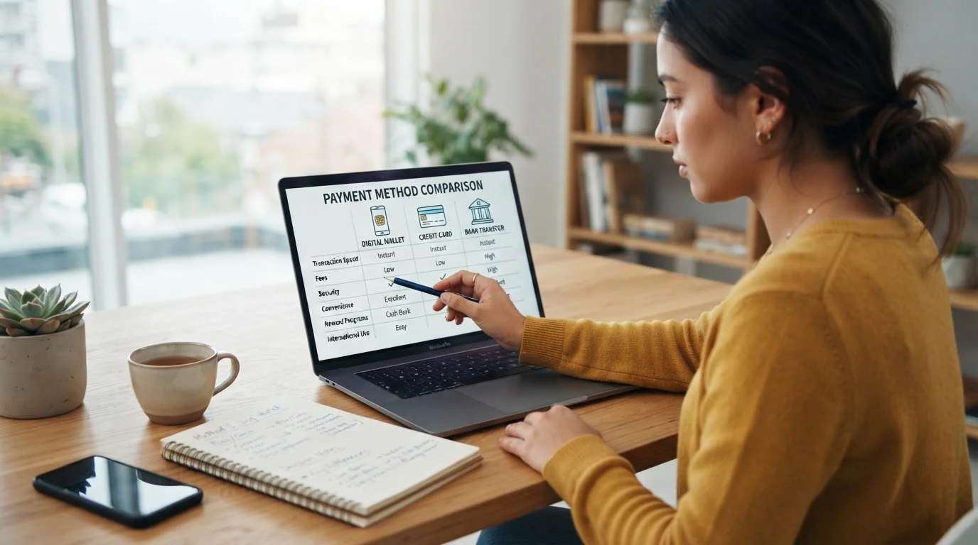 Comparison chart on laptop screen showing payment methods with person pointing at screen