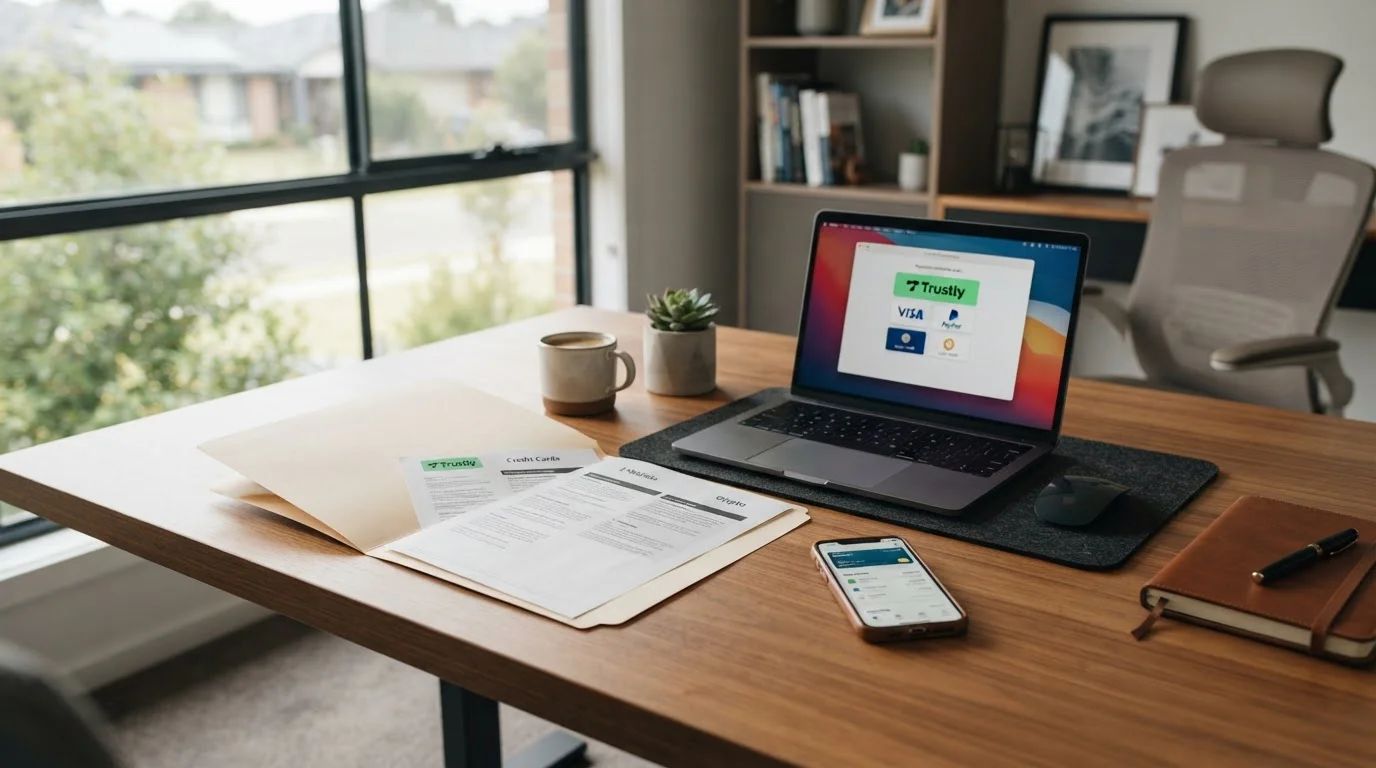 Document folder with payment method comparison sheets on desk with laptop