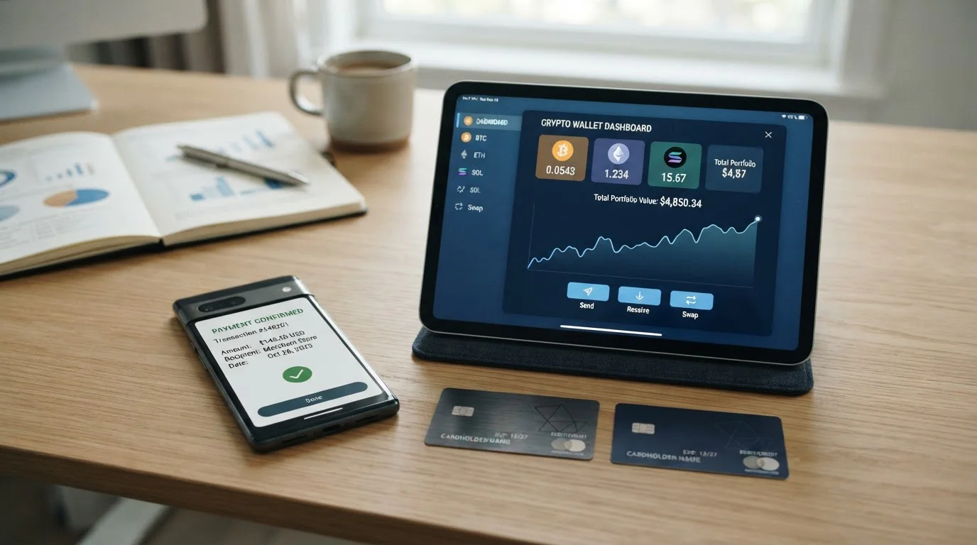 Mobile phone showing PayID payment interface next to crypto wallet and bank cards