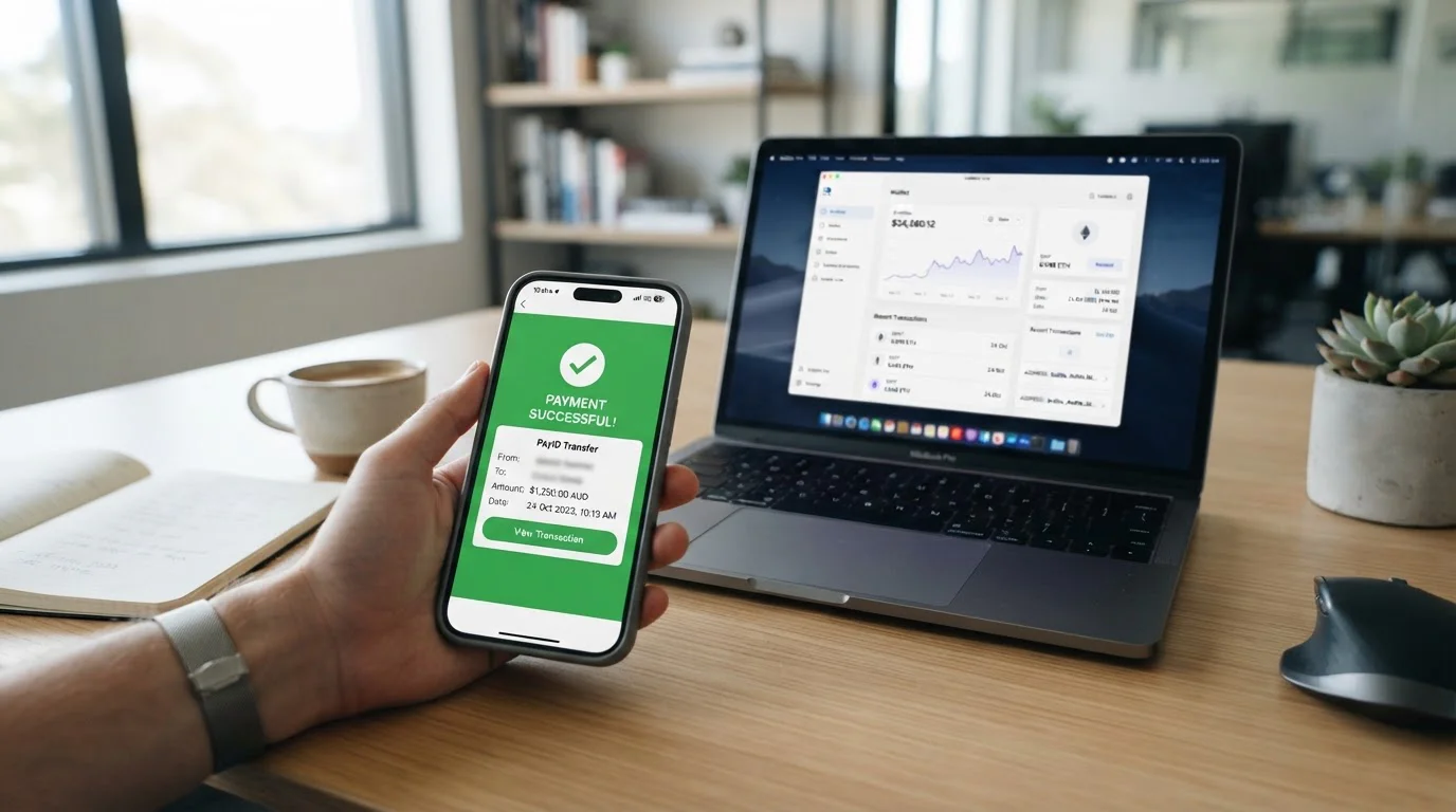 Smartphone showing PayID transfer notification next to laptop displaying crypto wallet transaction