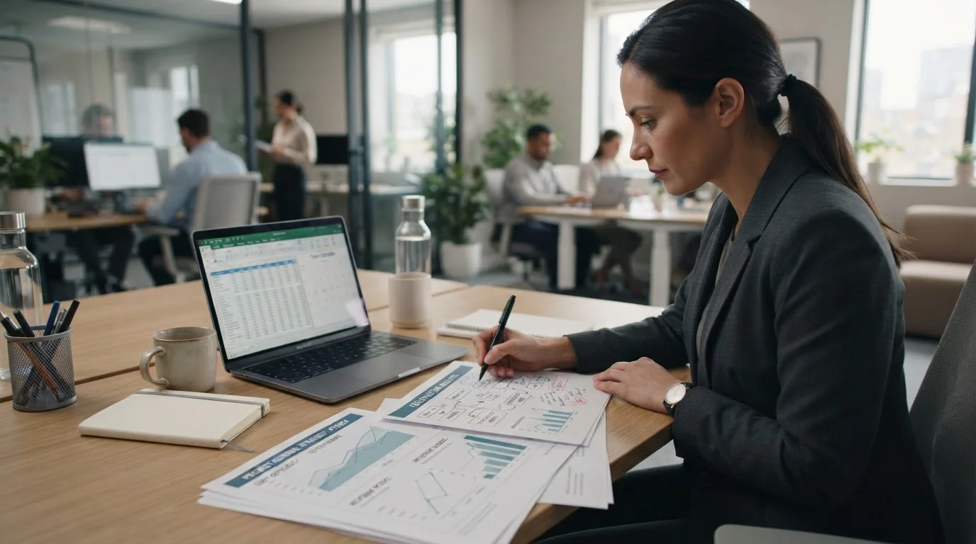 Business documents showing abstract fee structure diagrams with person analysing payment costs