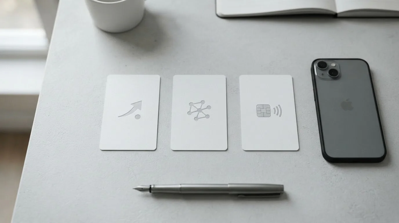 Three white cards with abstract payment icons laid out horizontally on a desk