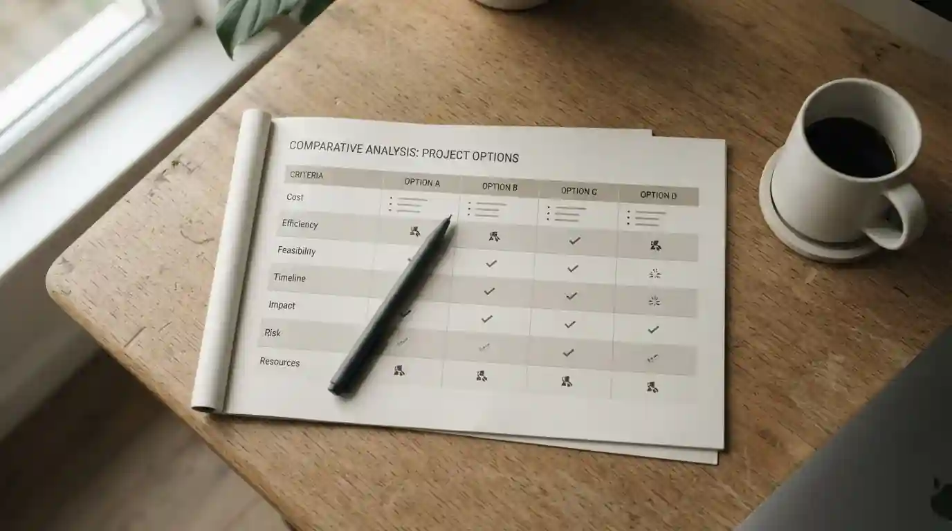 Printed operator comparison document with pen resting across the page