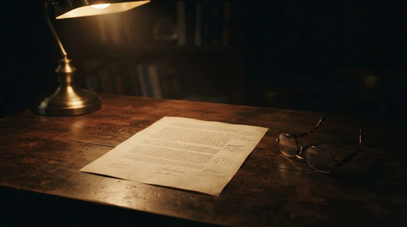 Legal document with dense text beside reading glasses on a wooden table