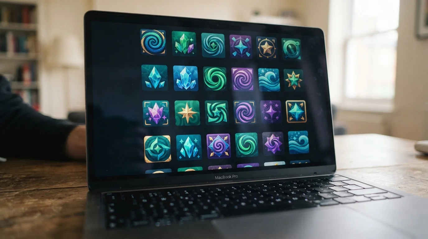 Laptop screen displaying a grid of colorful slot game thumbnails