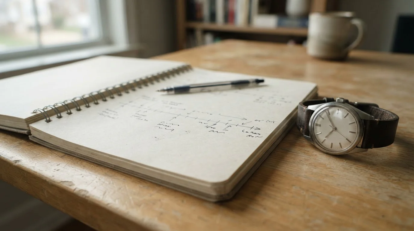 Notebook with hand-drawn timeline and mechanical watch on a desk