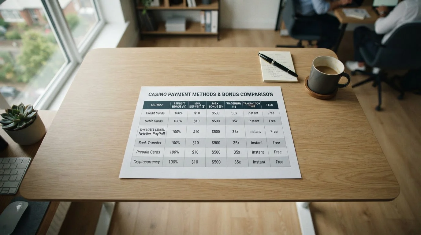Comparison table showing casino payment methods and bonus eligibility