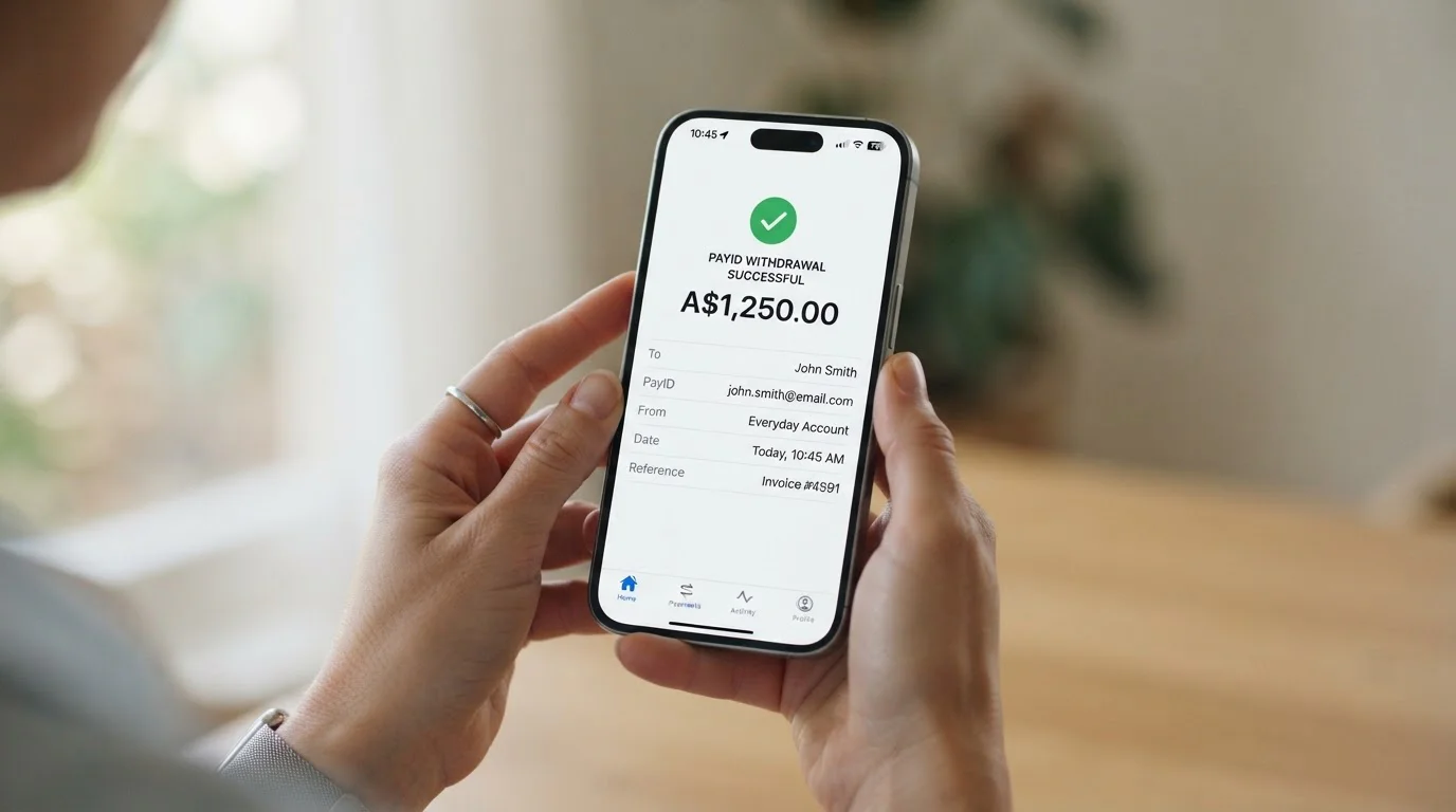 Smartphone showing PayID withdrawal confirmation from online casino