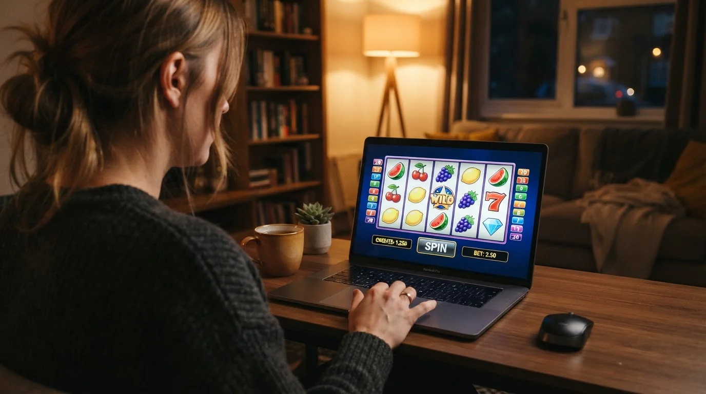 Over-shoulder view of player at laptop with generic slot game showing abstract reels