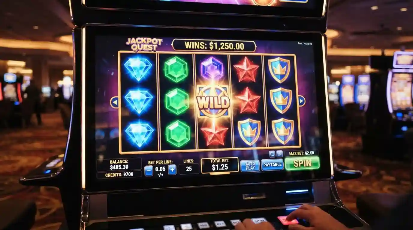Pokie machine screen showing minimum bet options and spin counter