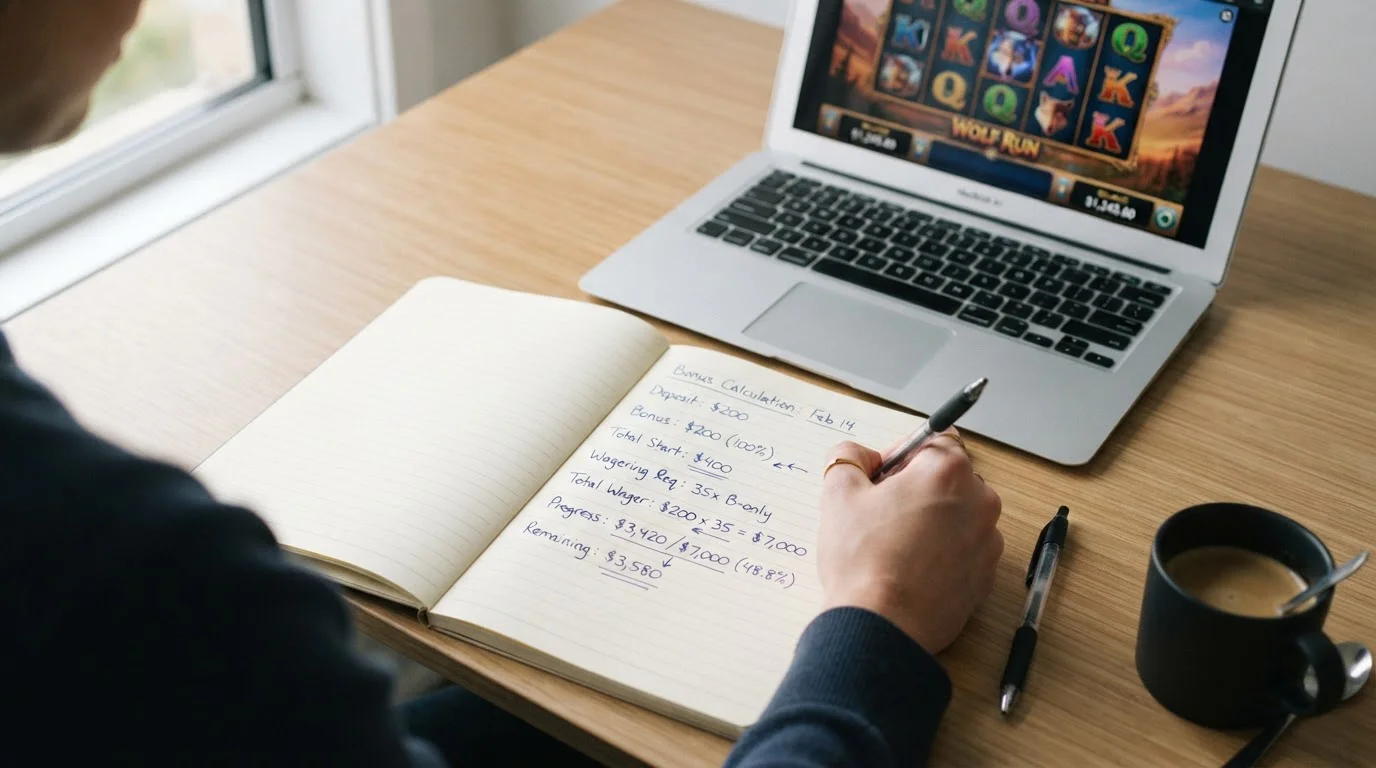 Person's hand writing bonus wagering calculations on notepad with laptop showing pokies in background