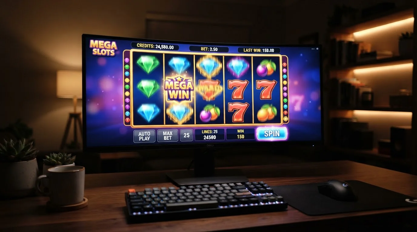 Desktop monitor displaying colorful pokies game interface with spinning reels and game controls visible
