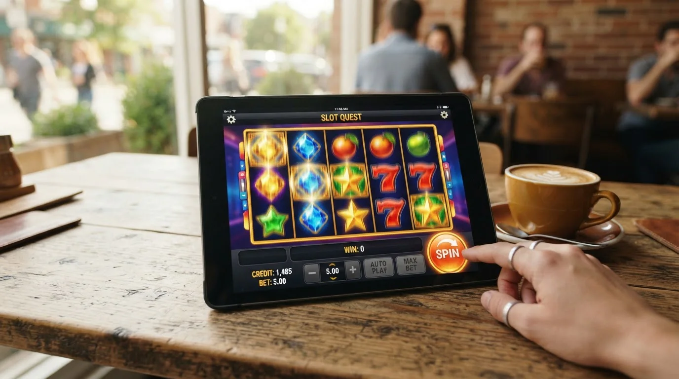 Tablet showing slot game interface with bet controls on wooden table