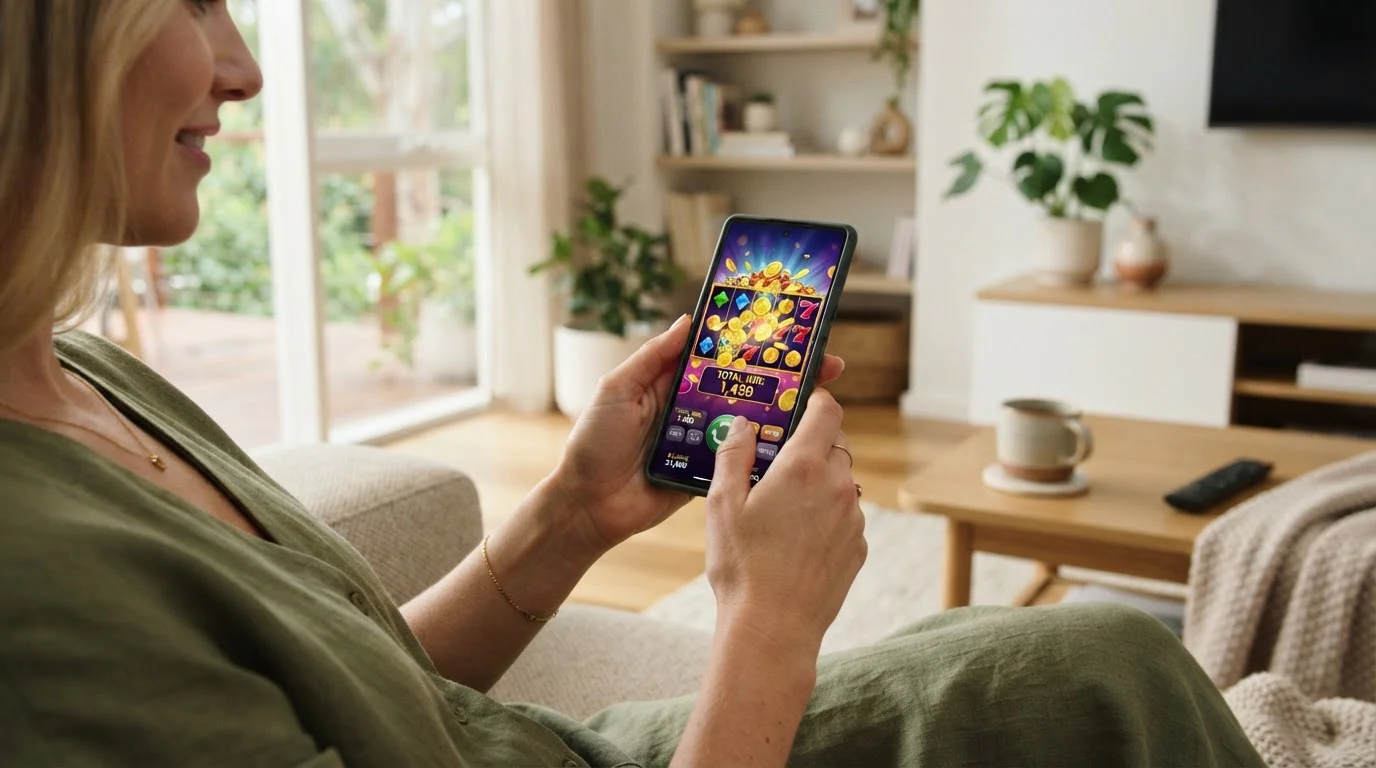 Person holding smartphone in landscape mode showing slot machine interface with colorful reels