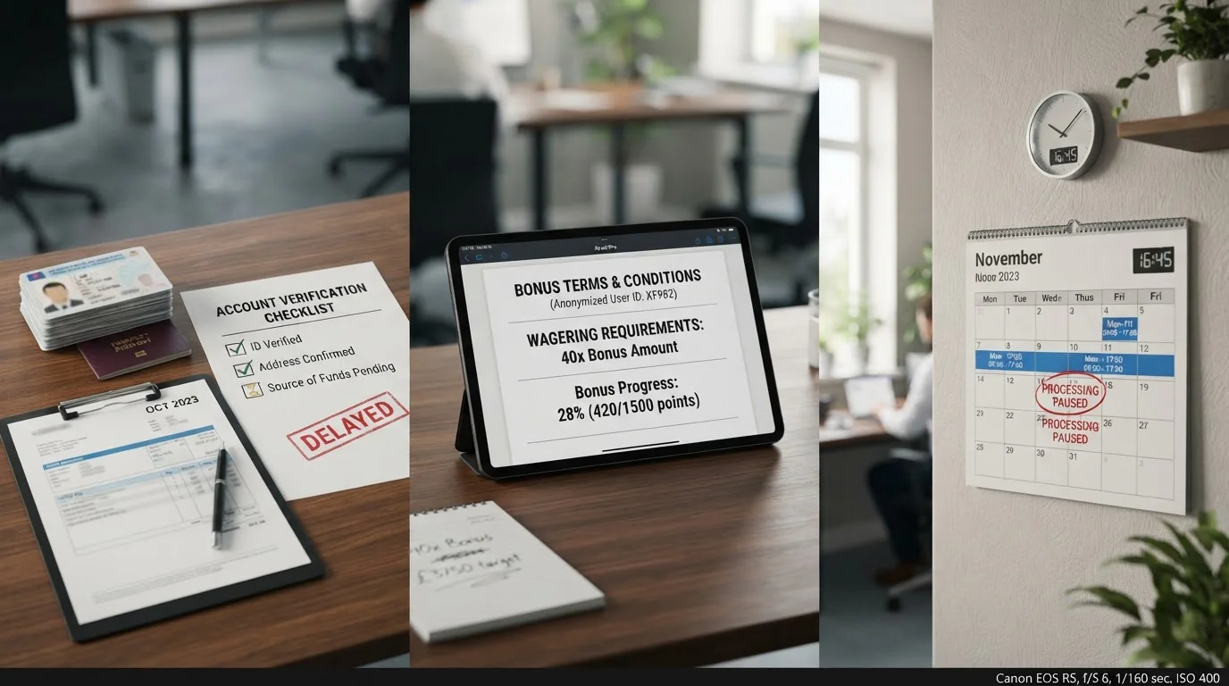 ID verification documents, bonus terms screenshot, and calendar showing business hours timing