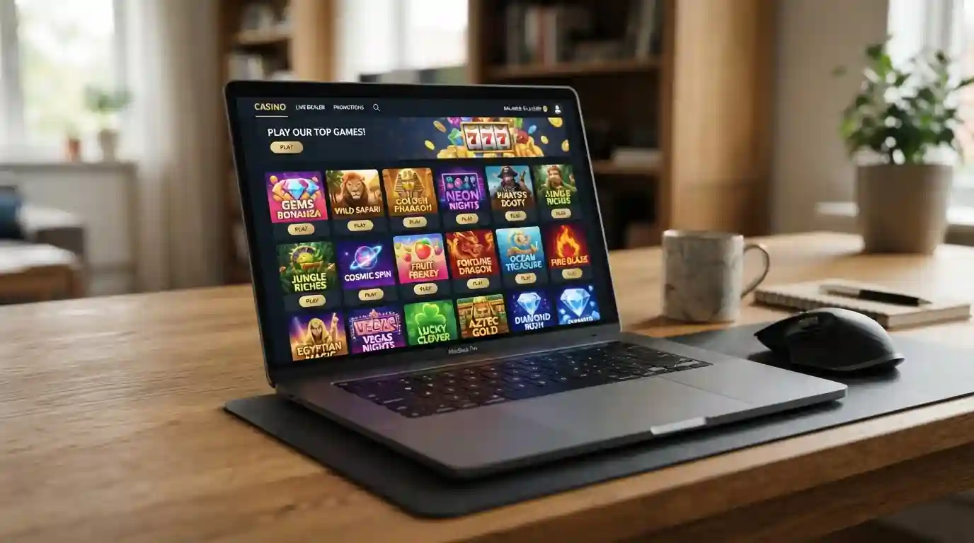 Laptop screen showing online pokies game library at Australian casino