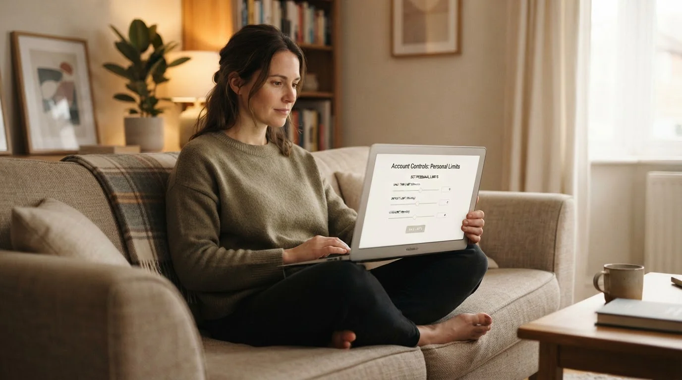 Person setting a personal deposit limit on a laptop in a calm home setting