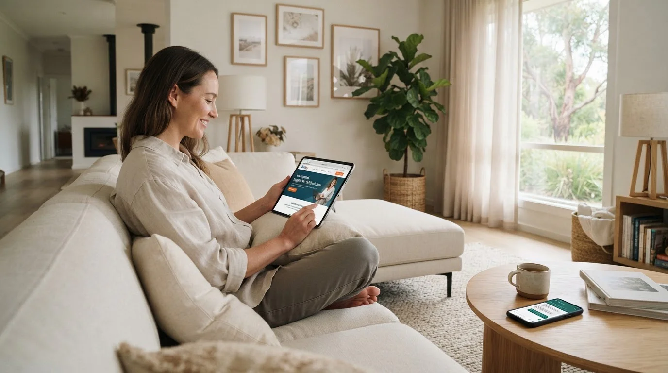 Person on couch using tablet to access support resources in calm Australian living room