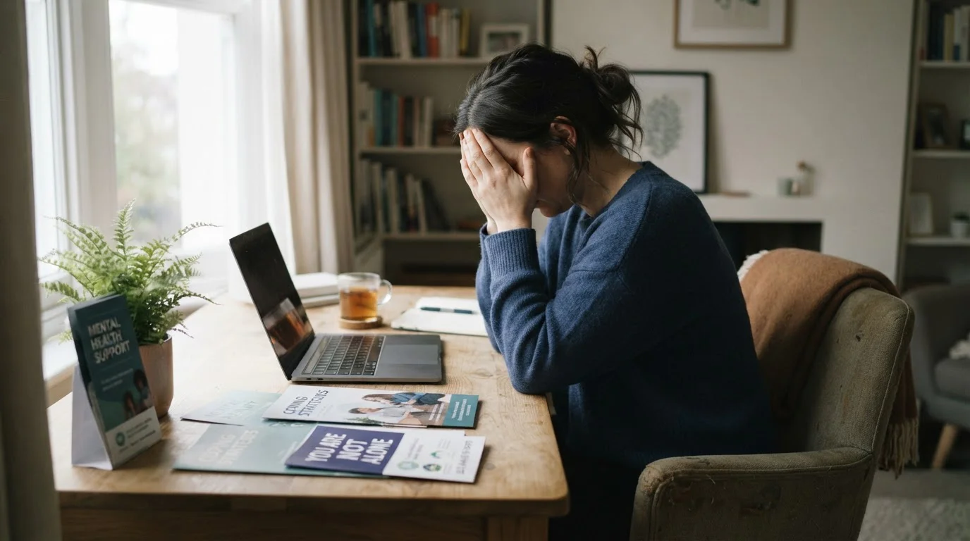 Person sitting at desk with head in hands, laptop closed, stress posture, supportive counseling materials visible