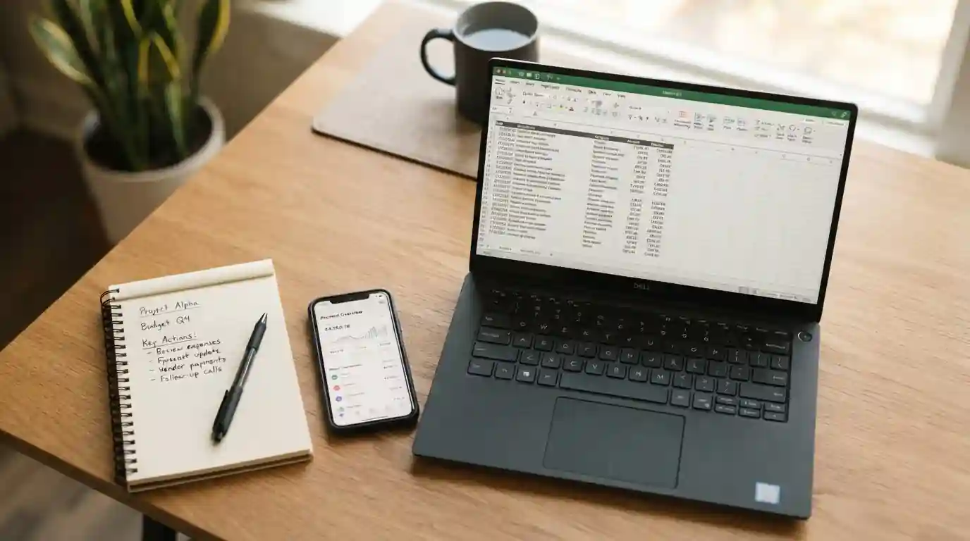 Overhead view of a laptop displaying neutral spreadsheet interface with smartphone and notepad on desk