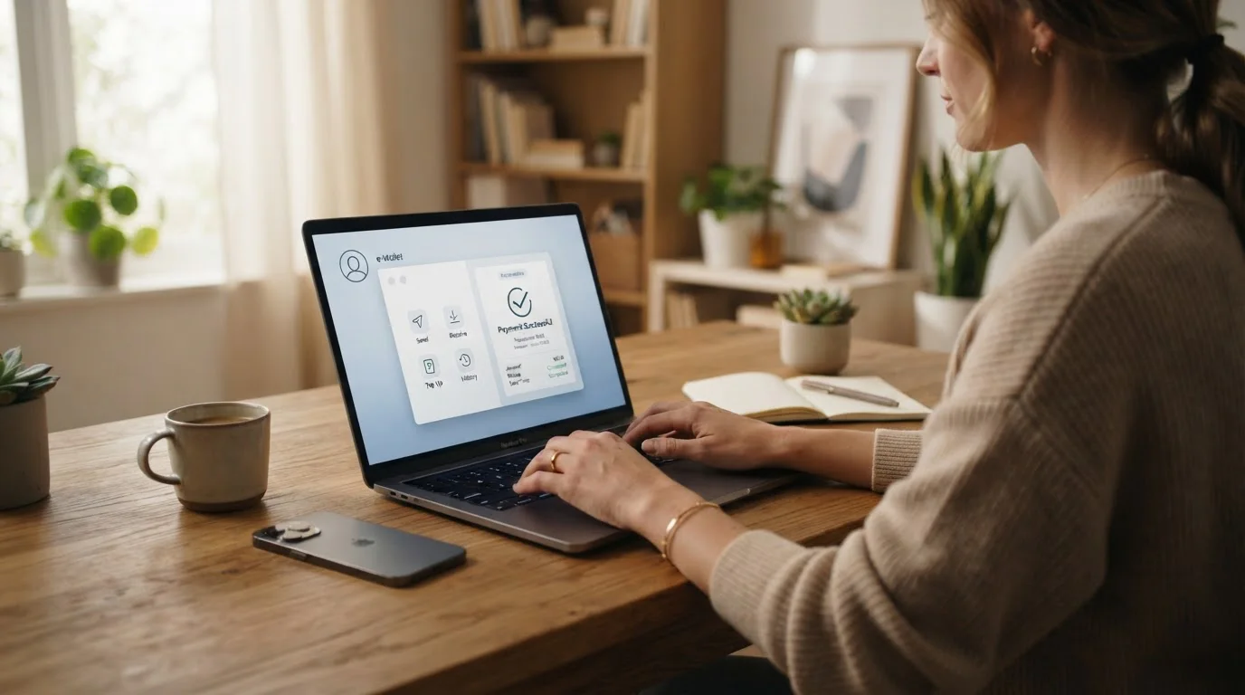 Person's hands typing on laptop showing e-wallet interface with smartphone beside it