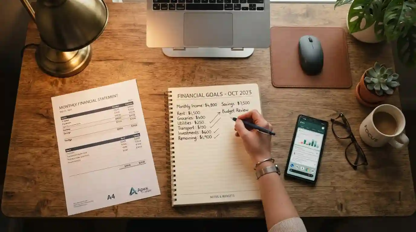 Person's hand with pen writing calculations on notepad with smartphone and financial statement