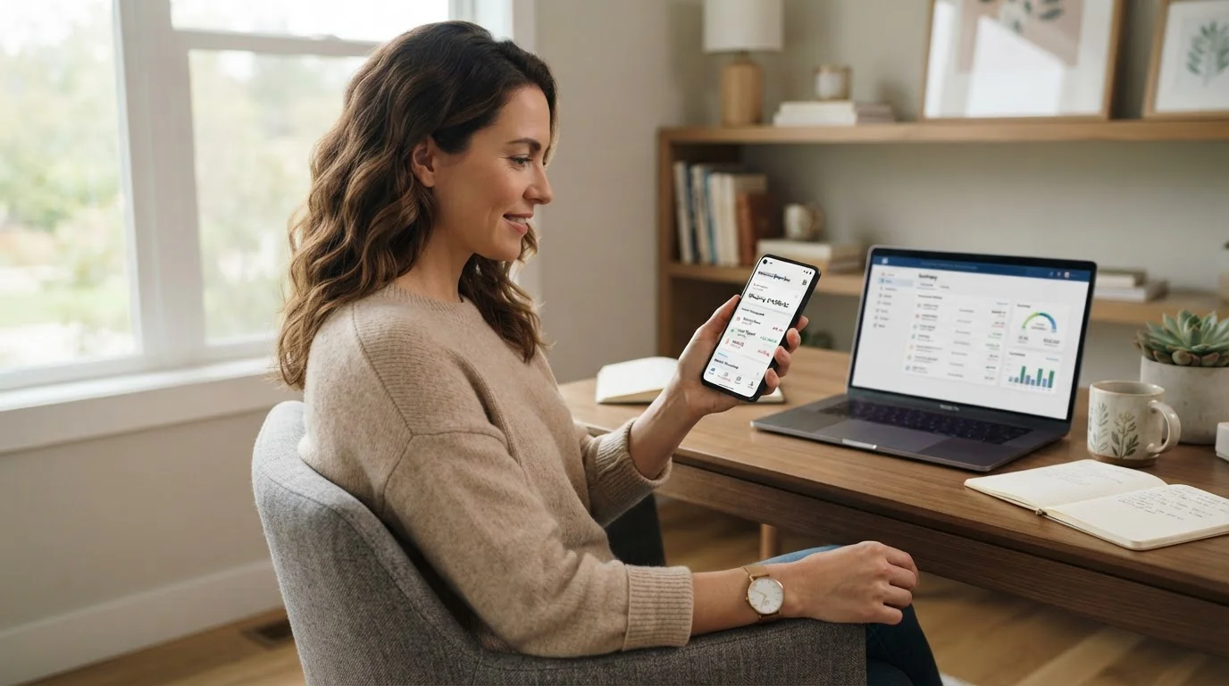 Person holding smartphone showing generic banking app with laptop in background