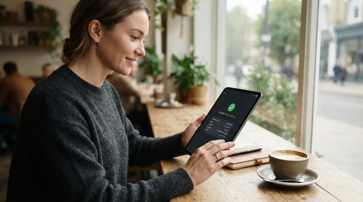 Person reviewing digital payment confirmation on tablet screen with coffee cup on wooden table